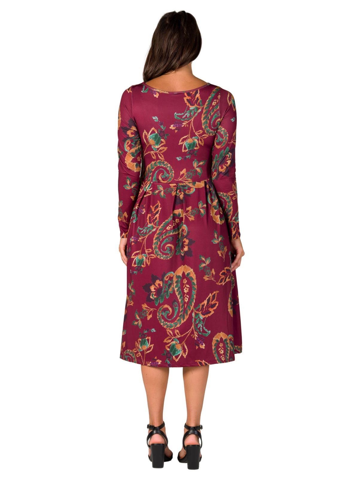 Womens Wine Paisley Midi Length Long Sleeve Pocket Dress