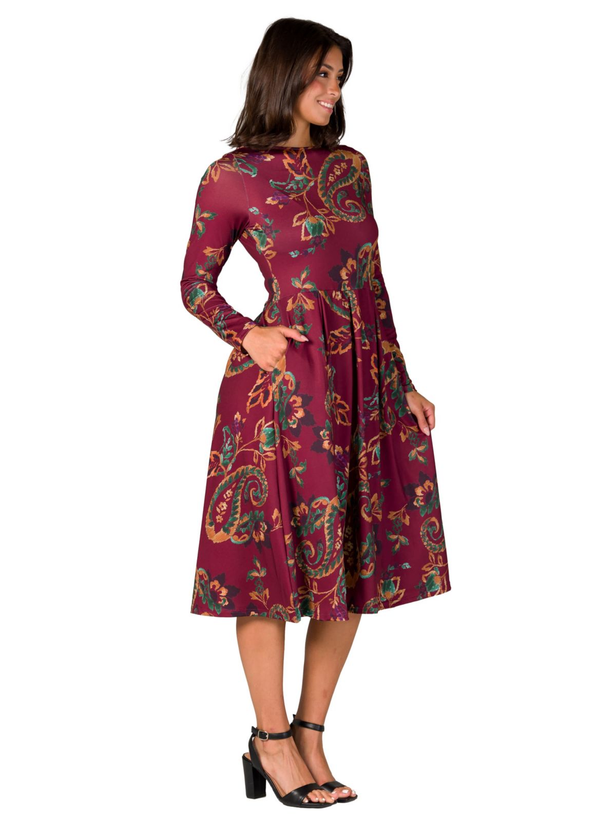 Womens Wine Paisley Midi Length Long Sleeve Pocket Dress