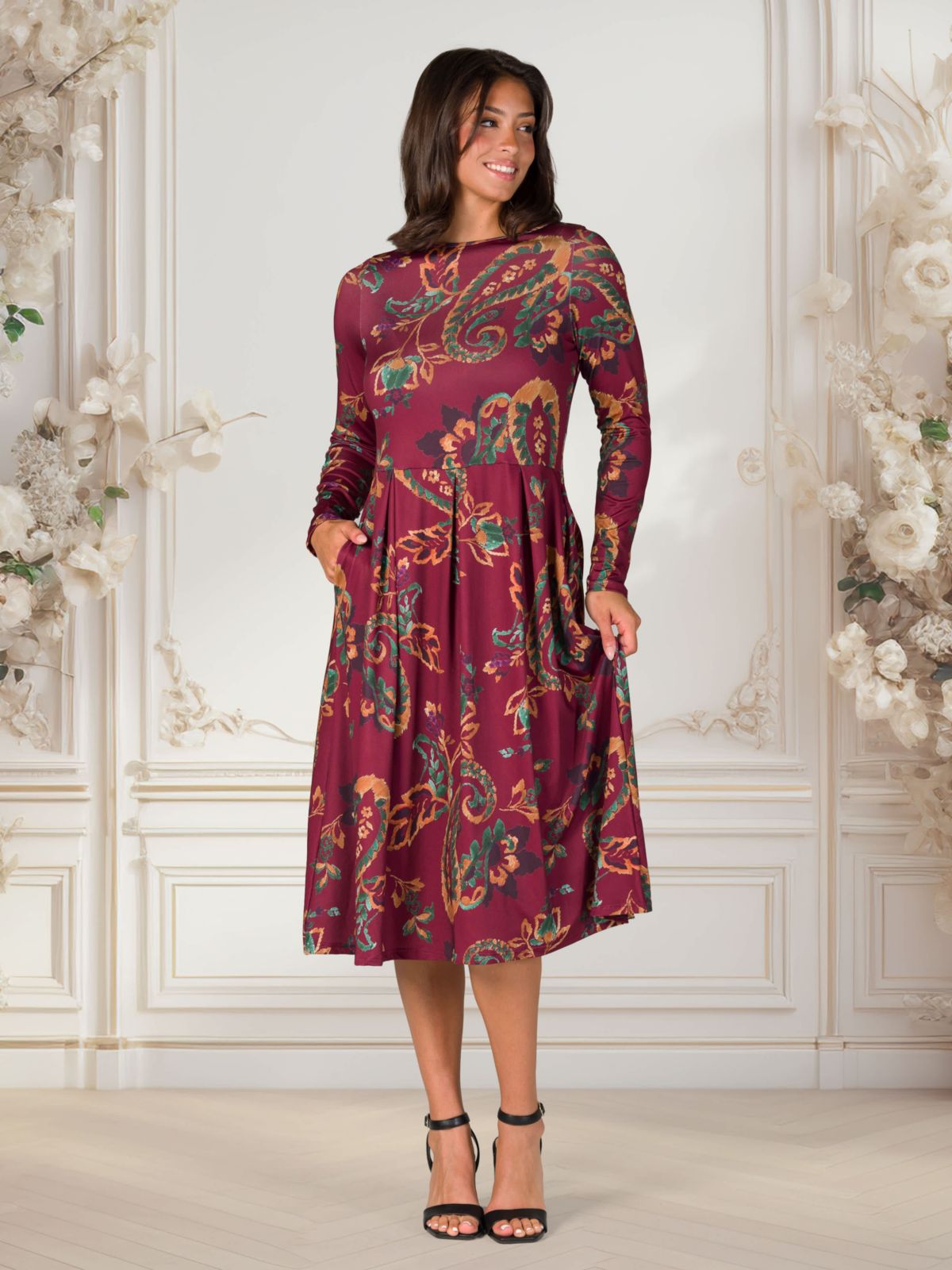 Womens Wine Paisley Midi Length Long Sleeve Pocket Dress