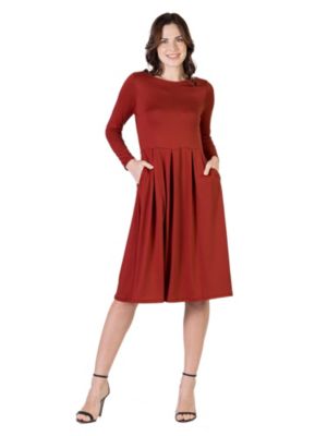 24seven Comfort Apparel Women's Midi Length Fit N Flare Pocket Dress
