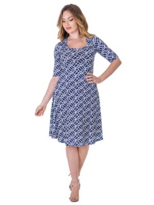 24seven Comfort Apparel Womens Navy Geometric Print Knee Length Elbow Sleeve Dress