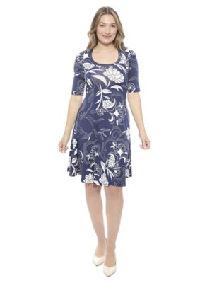 24seven Comfort Apparel Womens Floral Scoop Neck Elbow Sleeve Knee Length A Line Flared Dress