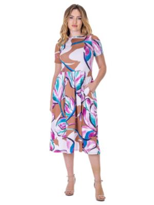 24seven Comfort Apparel Womens Abstract Floral Short Sleeve Pleated Flare Midi Pocket Dress