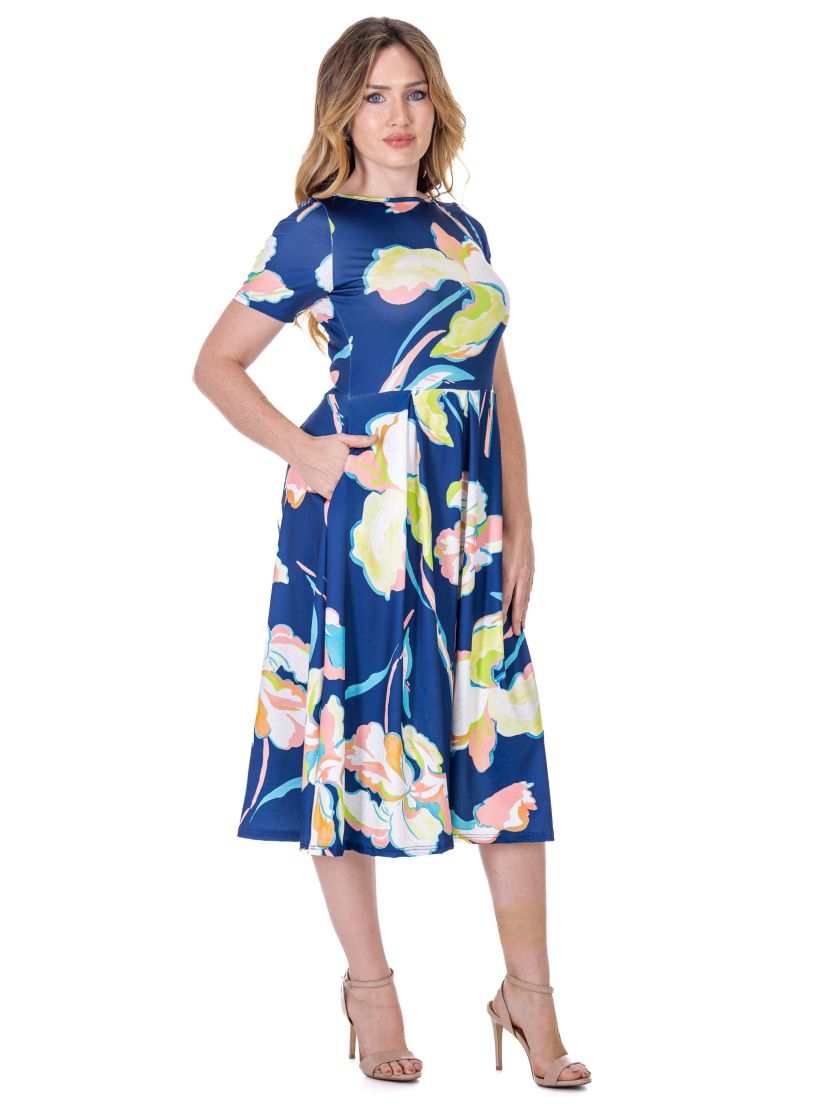 Womens Blue Floral Short Sleeve Pleated Flare Midi Pocket Dress