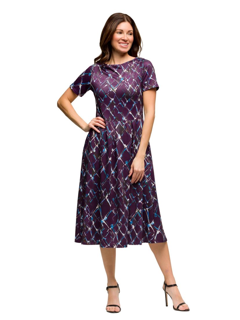 Womens Purple Print Short Sleeve Pleated Flare Midi Pocket Dress