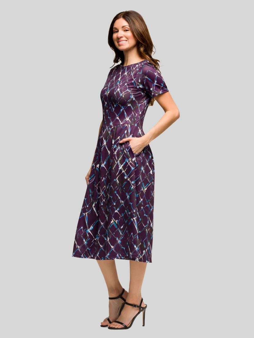 Womens Purple Print Short Sleeve Pleated Flare Midi Pocket Dress