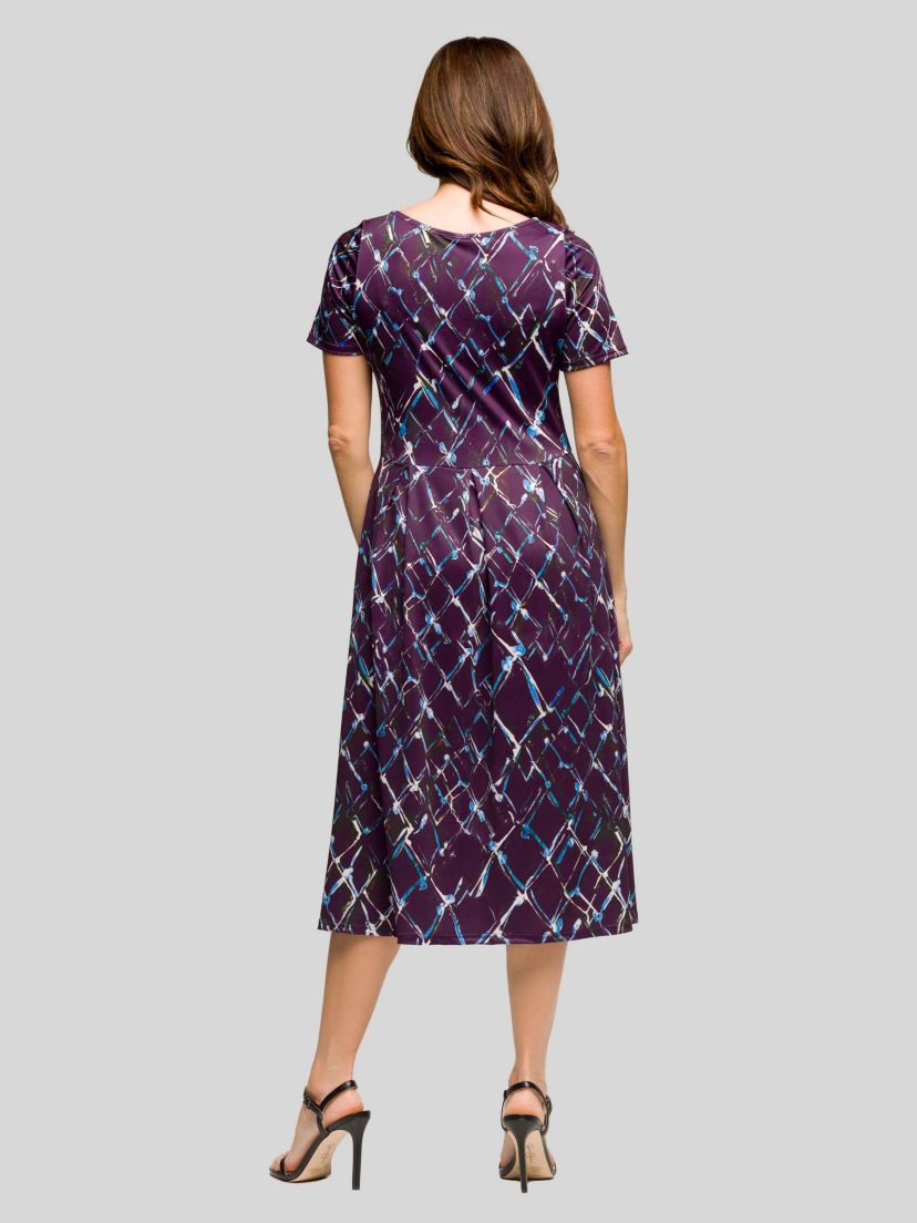 Womens Purple Print Short Sleeve Pleated Flare Midi Pocket Dress