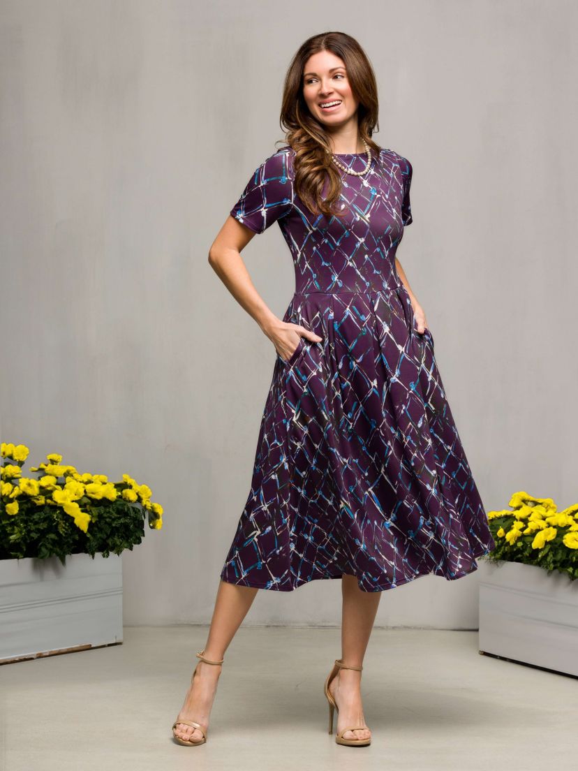 Womens Purple Print Short Sleeve Pleated Flare Midi Pocket Dress