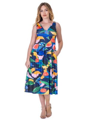 24seven Comfort Apparel Womens Midi Length Multicolor Sleeveless Pleated Pocket Dress