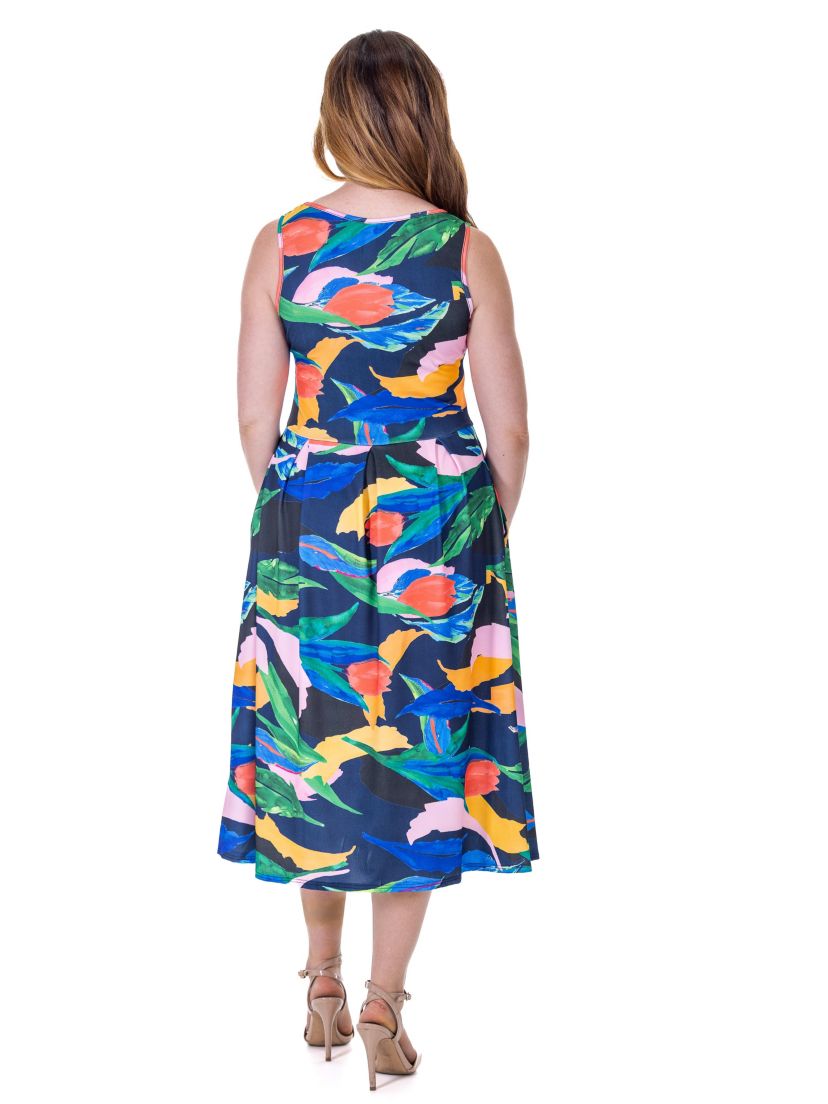 Womens Midi Length Multicolor Sleeveless Pleated Pocket Dress
