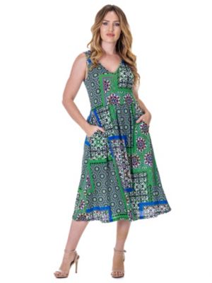 24seven Comfort Apparel Womens Midi Length Green Scarf Print Sleeveless Pleated Pocket Dress