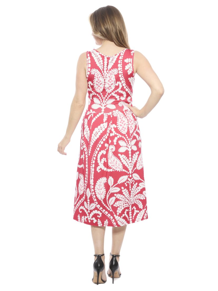 24seven Comfort Apparel Womens Paisley V Neck Sleeveless Pleated Pocket Midi Fit N Flare Dress, Red, Large