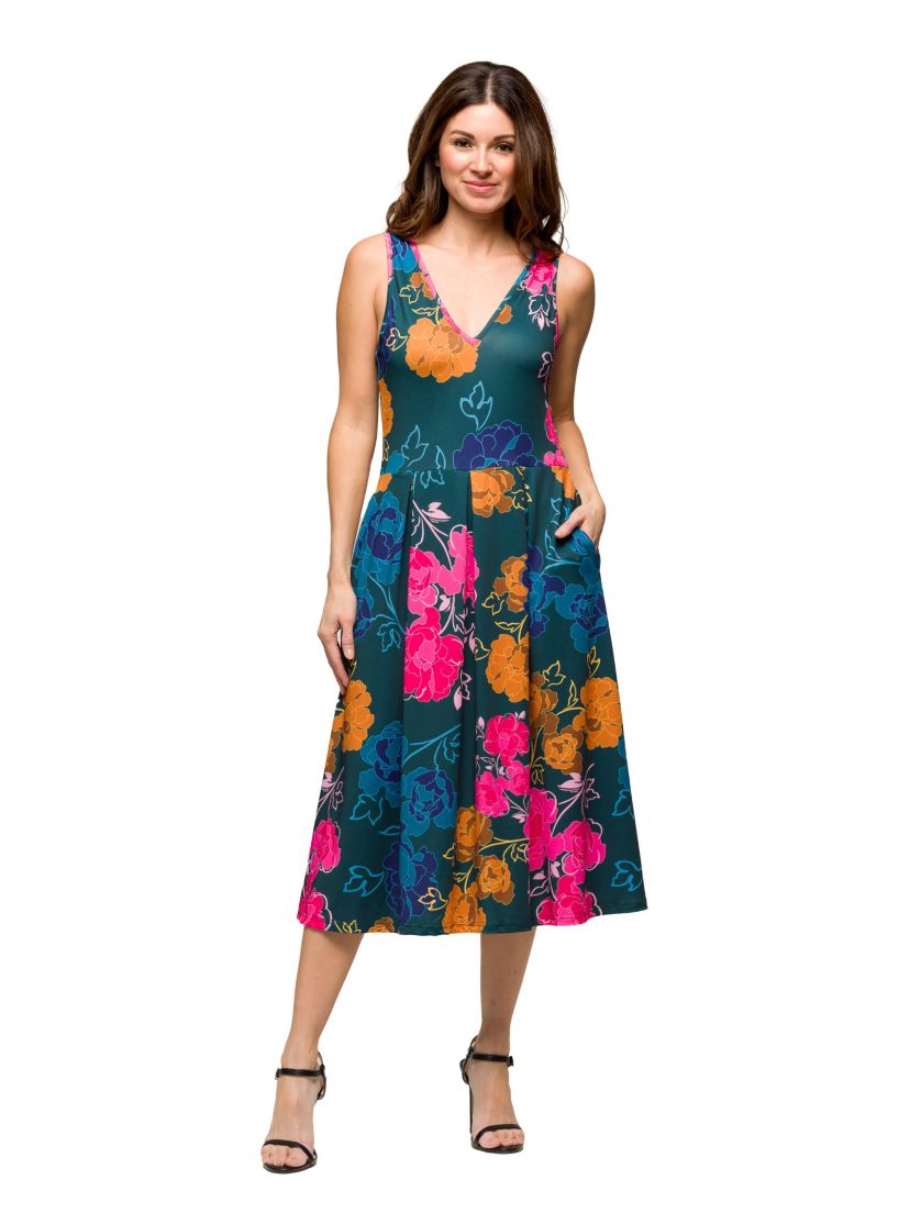 Womens Midi Length Blue Floral Print Sleeveless Pleated Pocket Dress
