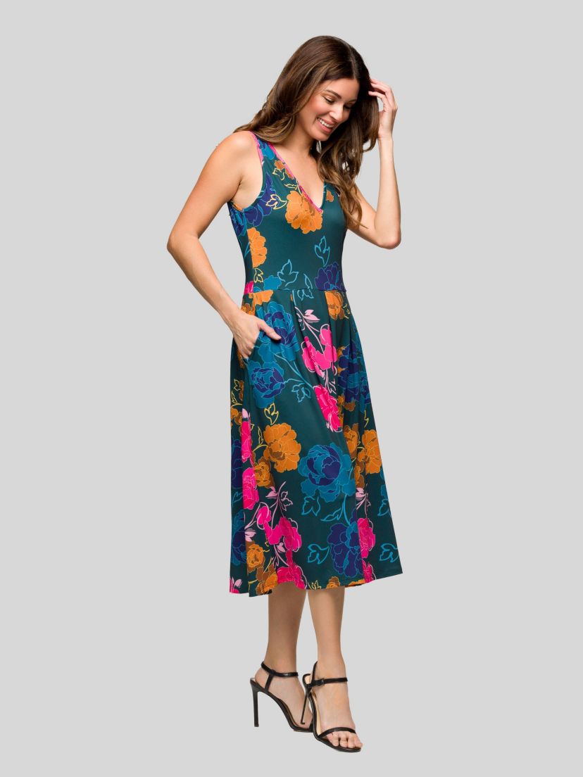 Womens Midi Length Blue Floral Print Sleeveless Pleated Pocket Dress
