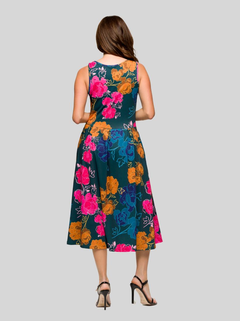 Womens Midi Length Blue Floral Print Sleeveless Pleated Pocket Dress