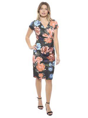 24seven Comfort Apparel Womens Floral V Neck Short Sleeve Knee Length Faux Wrap Dress, Black, 1X