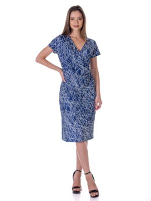 24seven Comfort Apparel Women's Navy Geometric Print Knee Length Short Sleeve Faux Wrap Dress