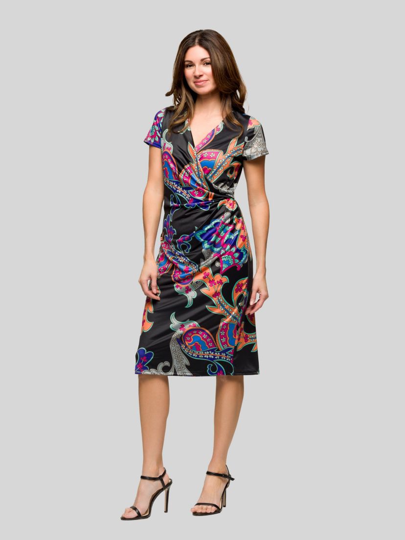 Womens Black Paisley Knee Length Short Sleeve Faux Wrap Dress