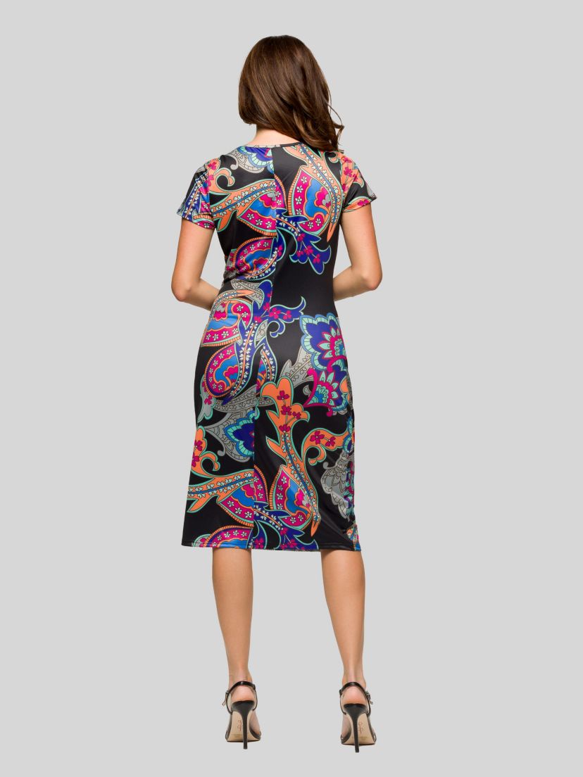 Womens Black Paisley Knee Length Short Sleeve Faux Wrap Dress