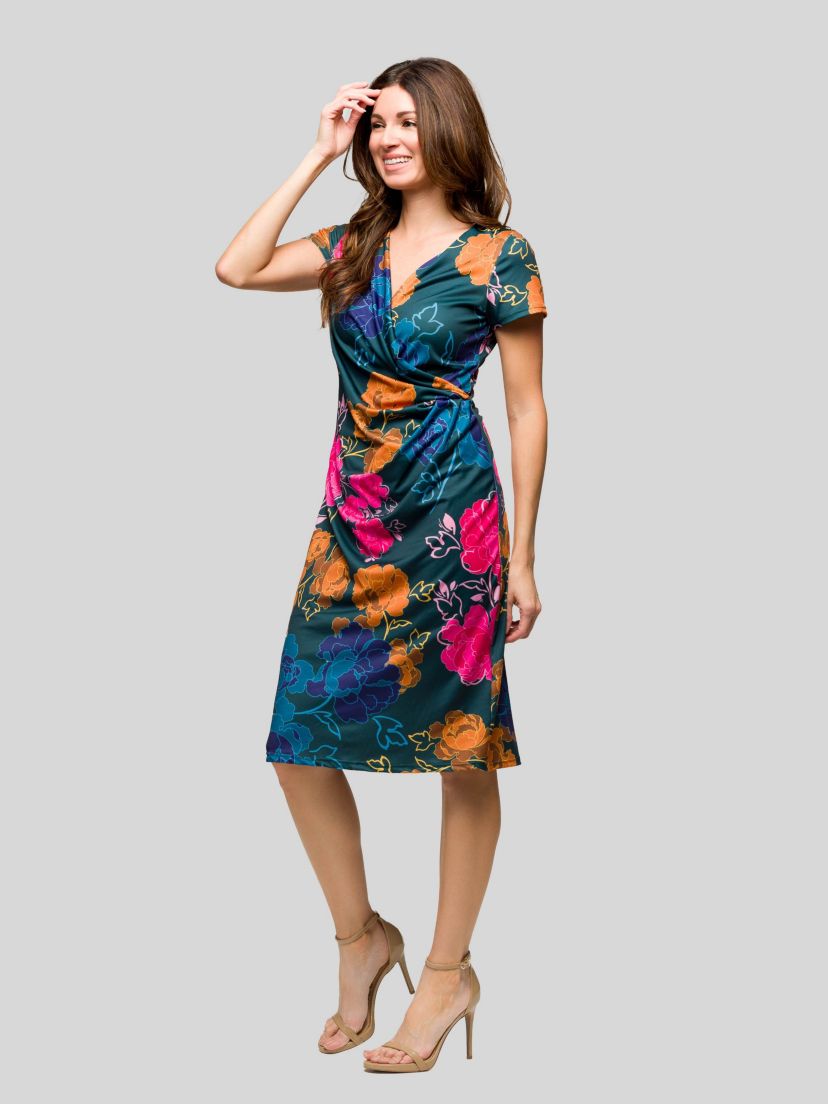 Womens Blue Floral Knee Length Short Sleeve Faux Wrap Dress