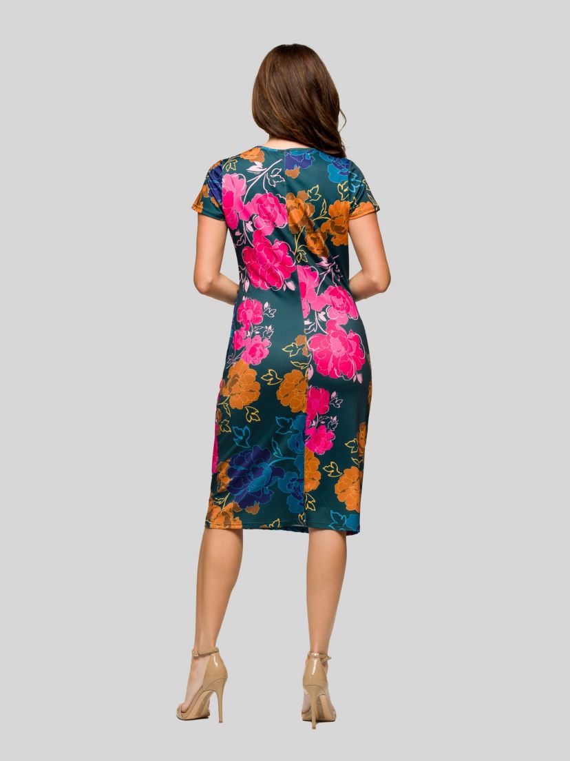 Womens Blue Floral Knee Length Short Sleeve Faux Wrap Dress