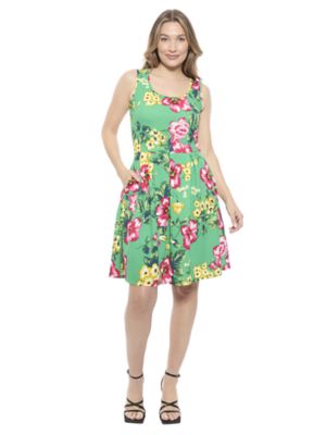 24seven Comfort Apparel Womens Floral Sleeveless Pleated Pocket Skater Dress