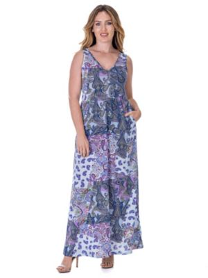 24seven Comfort Apparel Women's Purple Paisley Sleeveless V Neck Maxi Dress With Pockets