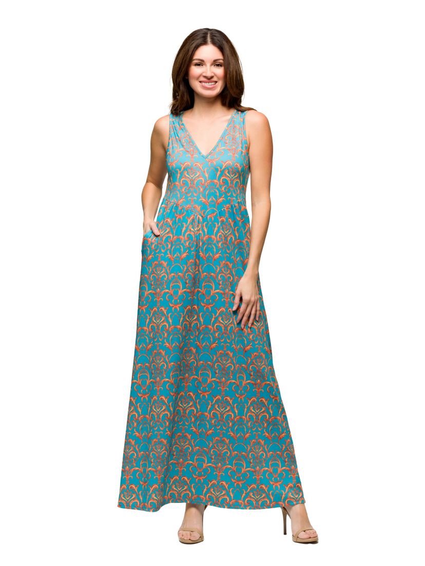 Womens Sky Blue Sleeveless V Neck Maxi Dress With Pockets
