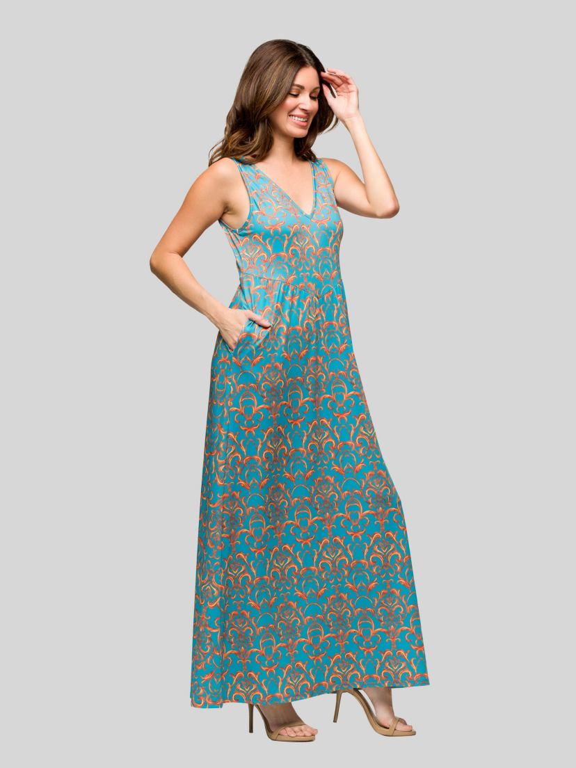 Womens Sky Blue Sleeveless V Neck Maxi Dress With Pockets