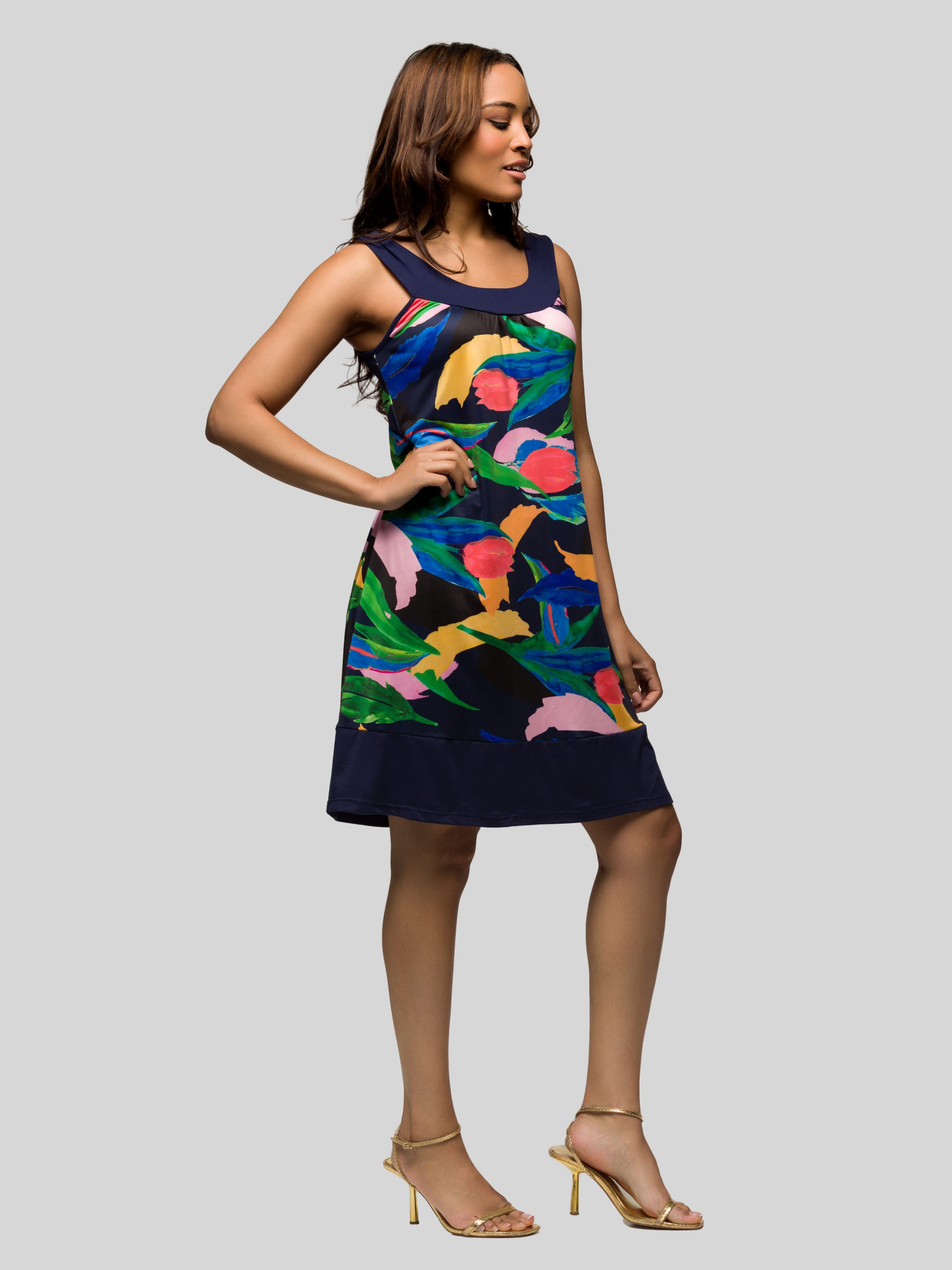 Womens Blue Floral Scoop Neck Sleeveless Knee Length Dress