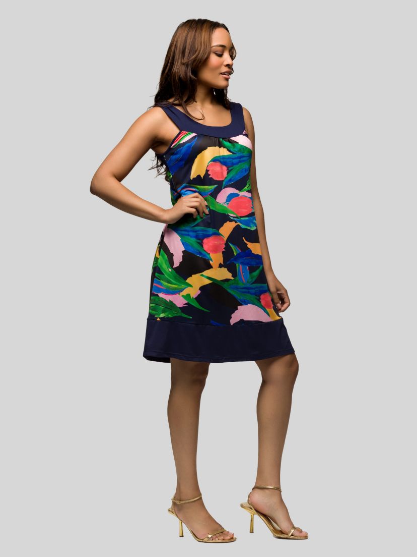 Womens Blue Floral Scoop Neck Sleeveless Knee Length Dress