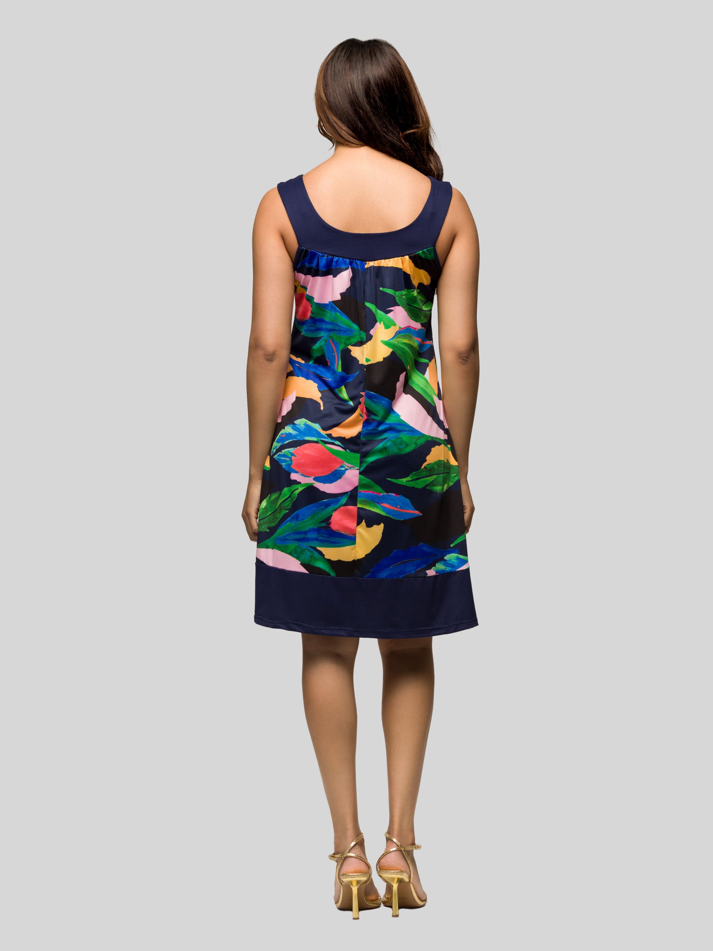 Womens Blue Floral Scoop Neck Sleeveless Knee Length Dress