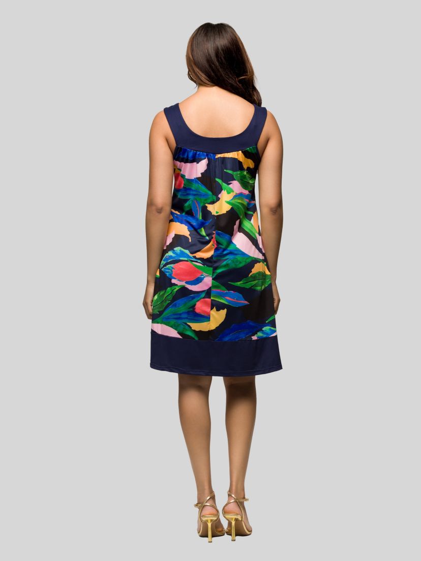 Womens Blue Floral Scoop Neck Sleeveless Knee Length Dress