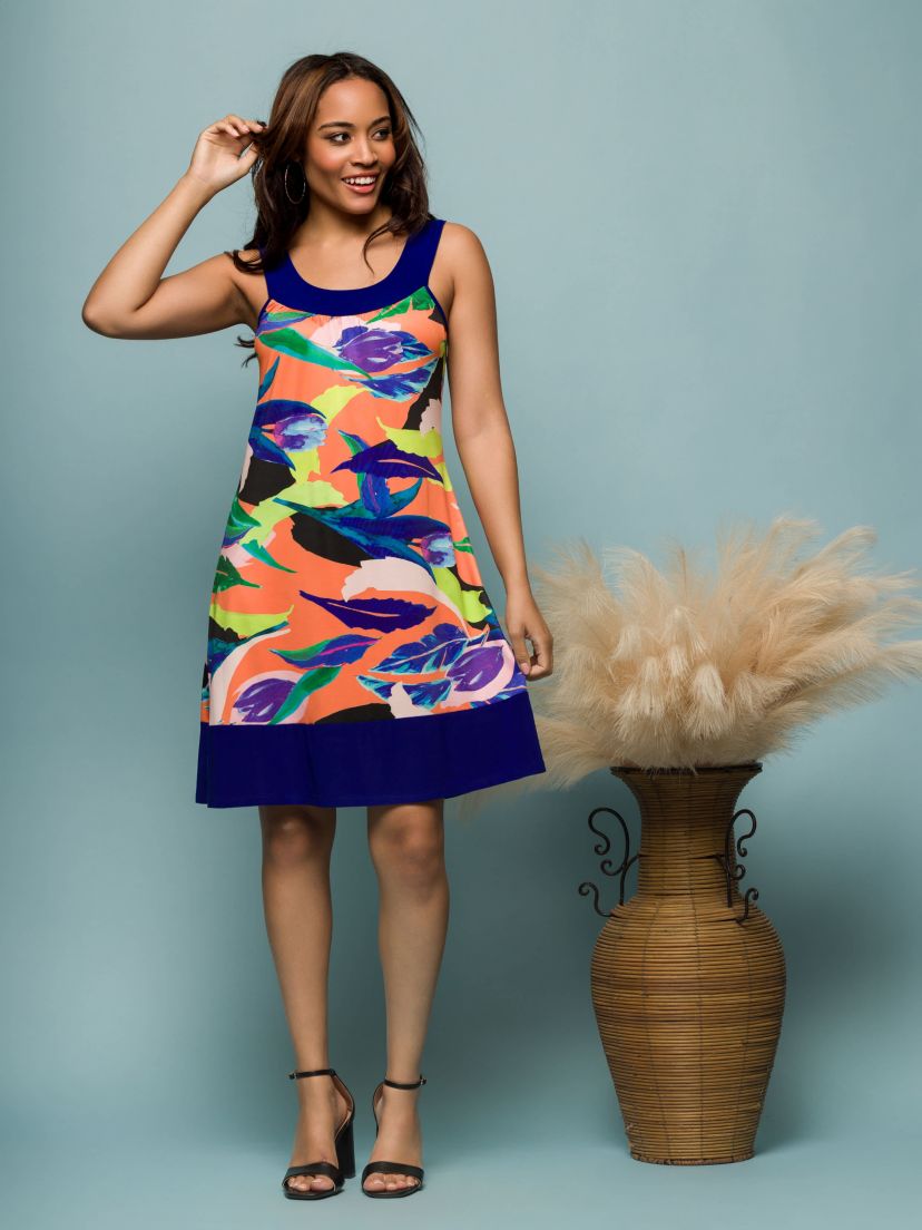 Womens Multicolor Scoop Neck Sleeveless Knee Length Dress