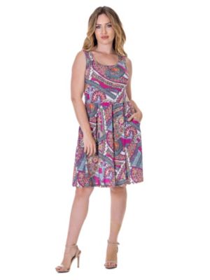 24seven Comfort Apparel Women's Pink Paisley Print Sleeveless Pleated Knee Length Pocket Dress