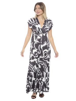 24seven Comfort Apparel Womens Abstract V Neck Empire Waist Cap Sleeve Maxi Dress