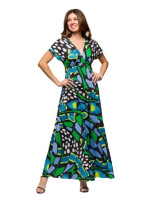 24seven Comfort Apparel Womens Blue Butterfly Print V Neck Empire Waist Cap Sleeve Maxi Dress