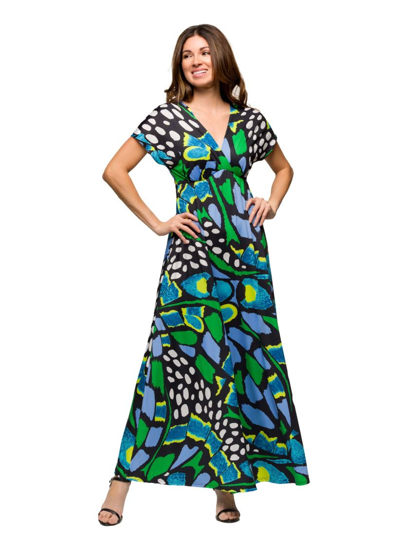 Womens Blue Butterfly Print V Neck Empire Waist Cap Sleeve Maxi Dress