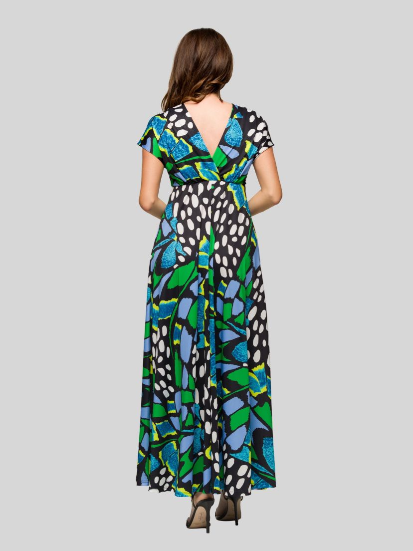 Womens Blue Butterfly Print V Neck Empire Waist Cap Sleeve Maxi Dress
