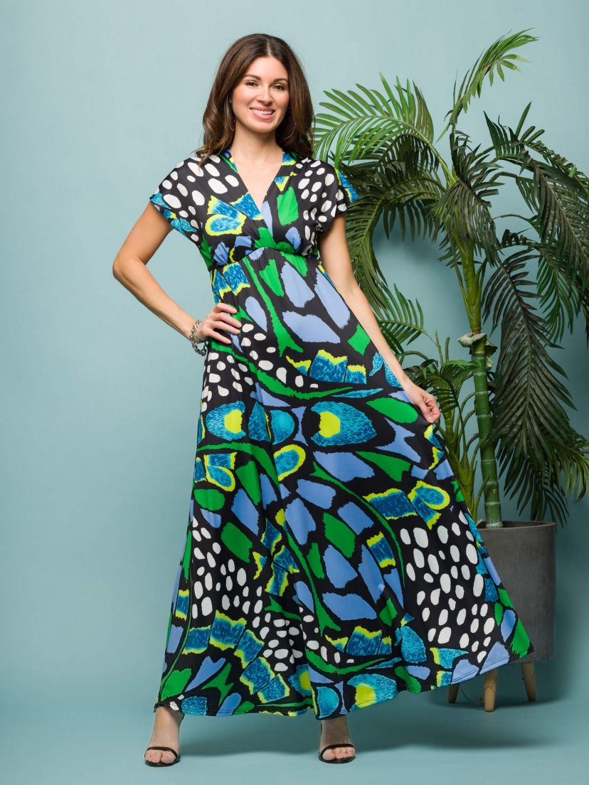 Womens Blue Butterfly Print V Neck Empire Waist Cap Sleeve Maxi Dress