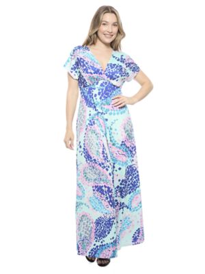 24seven Comfort Apparel Womens Abstract V Neck Empire Waist Cap Sleeve Maxi Dress