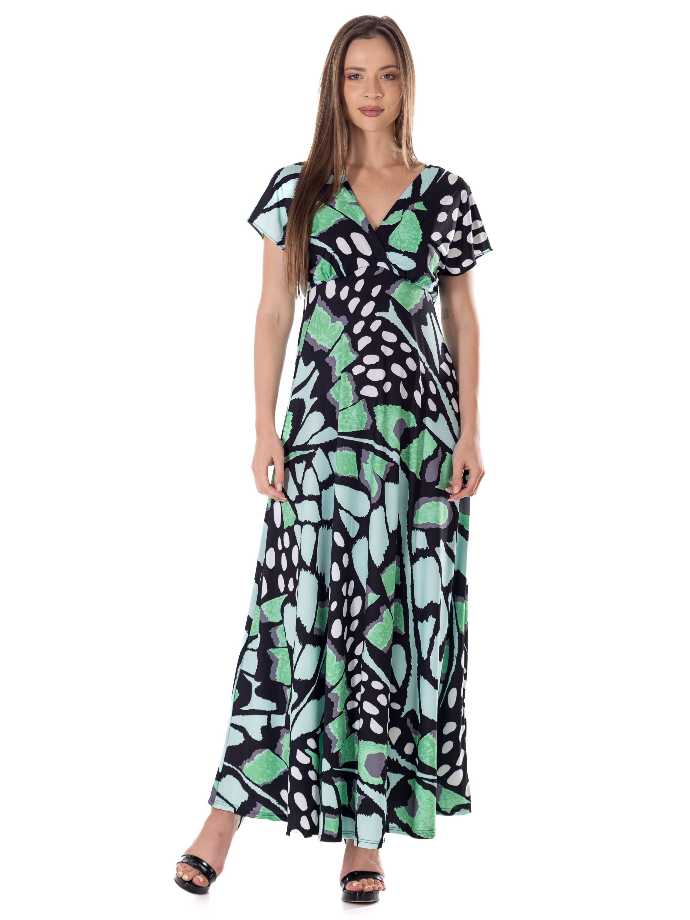 Womens Oversized Butterfly Print V Neck Empire Waist Kimono Cap Sleeve Maxi Dress