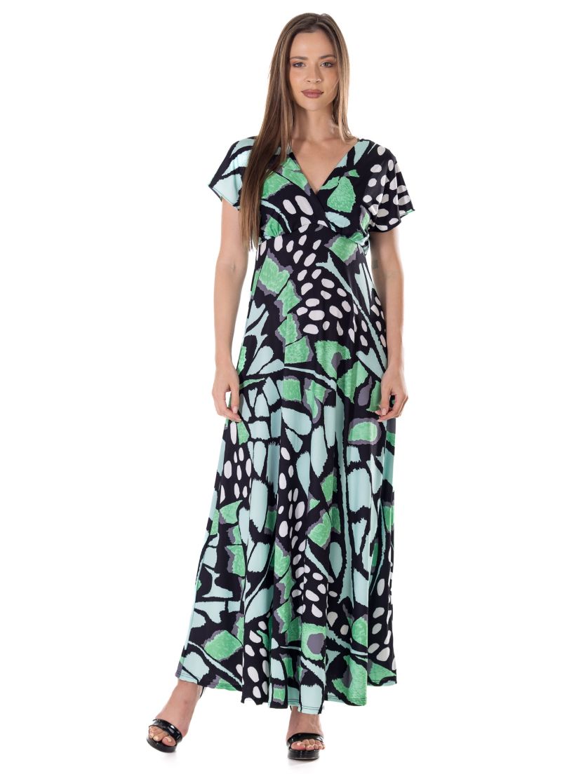 Womens Oversized Butterfly Print V Neck Empire Waist Kimono Cap Sleeve Maxi Dress