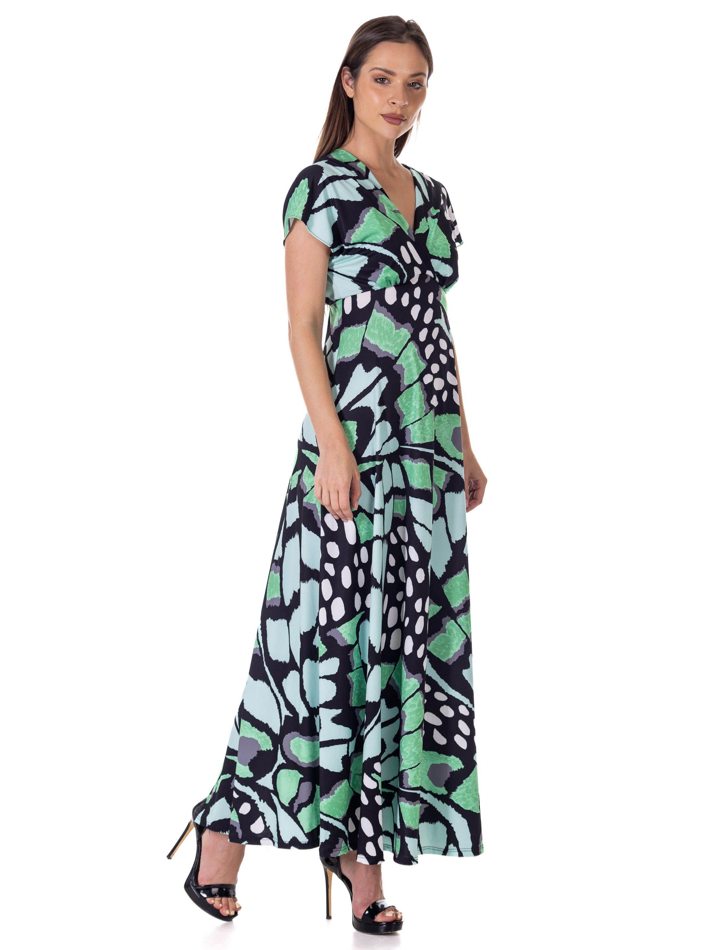 Womens Oversized Butterfly Print V Neck Empire Waist Kimono Cap Sleeve Maxi Dress