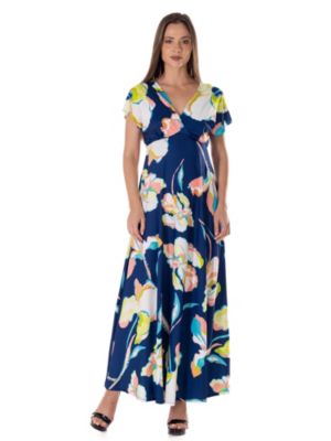 24seven Comfort Apparel Womens Navy Floral Print V Neck Empire Waist Kimono Cap Sleeve Maxi Dress