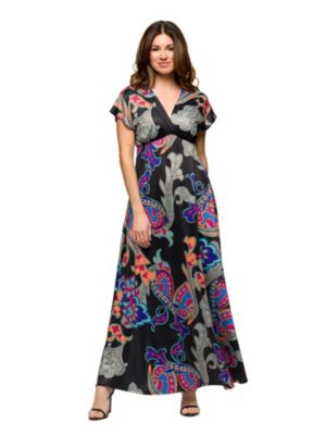 24seven Comfort Apparel Womens Black Paisley Print V Neck Empire Waist Cap Sleeve Maxi Dress