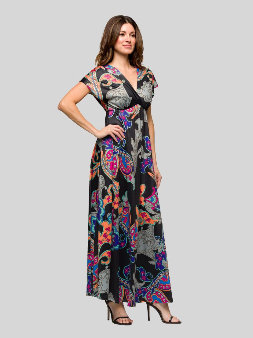 Womens Black Paisley Print V Neck Empire Waist Cap Sleeve Maxi Dress