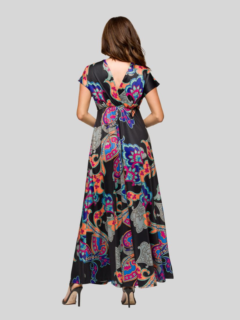 Womens Black Paisley Print V Neck Empire Waist Cap Sleeve Maxi Dress