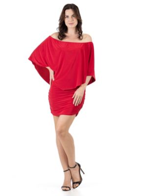24seven Comfort Apparel Women's Convertible Bodycon Mini Dress Ruffled Sleeve, Red, 1X