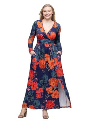 24seven Comfort Apparel Womens Navy Floral Print Long Sleeve Side Slit Maxi Dress